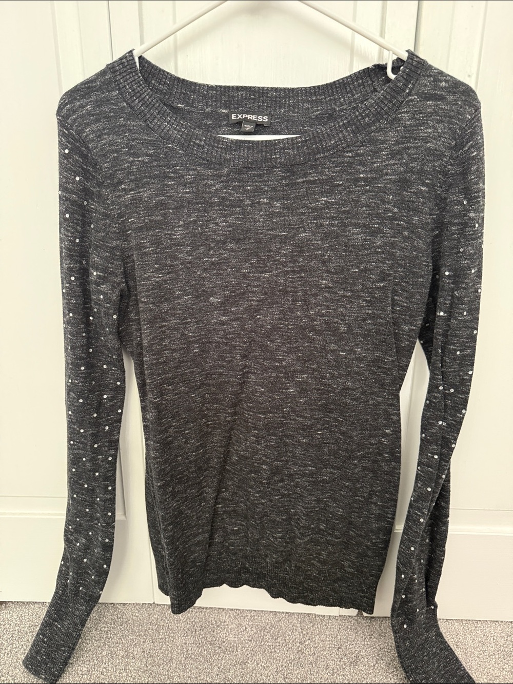 Express Women's Heather Charcoal Long-Sleeve Sweater with Stud Detail